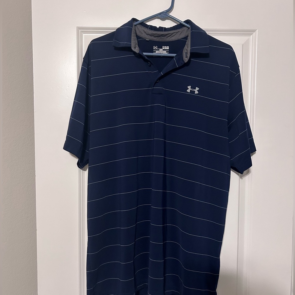 Navy and white striped Under Armour, Loose, Heat Gear Polo in XLT- gently worn